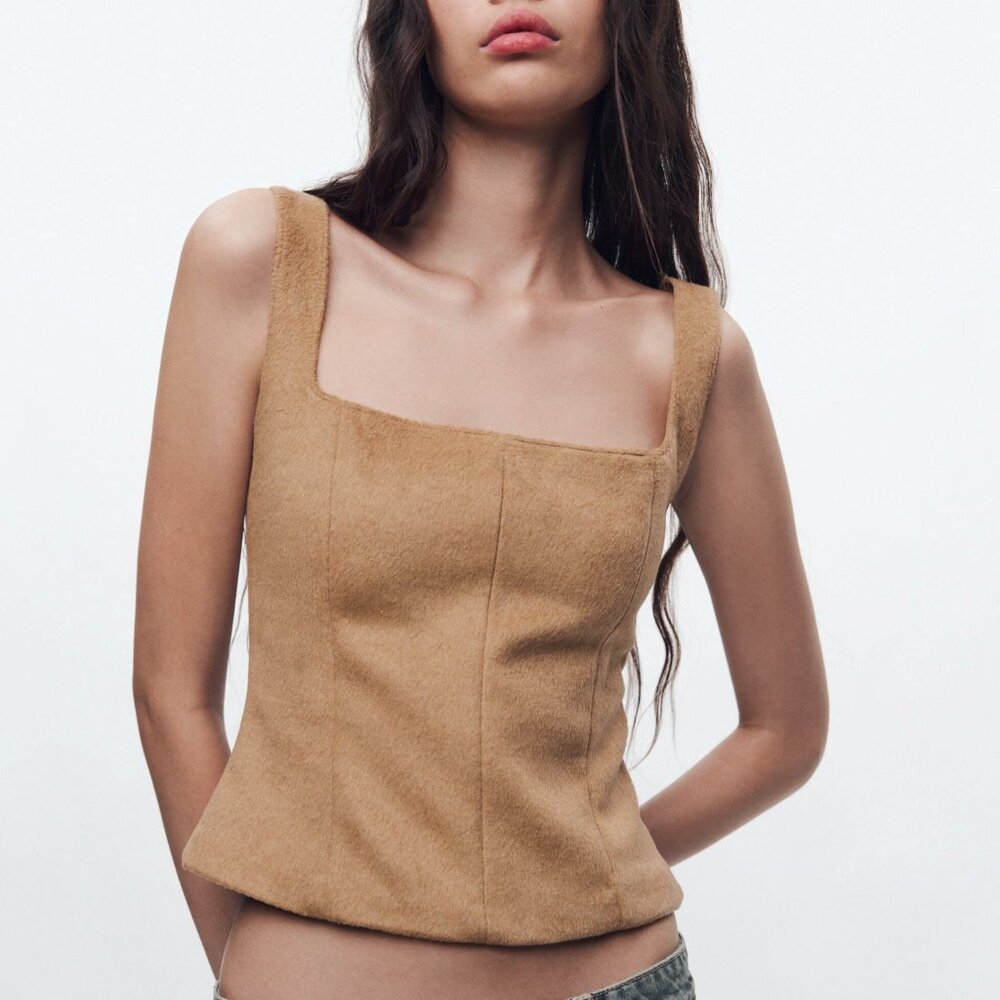 NEW Zara Soft Faux Fur, Wool Blend Bustier Corset-Style Cropped Top in Camel, XS